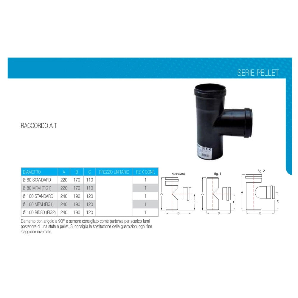 Raccordo a t 90° braga mm codino f nero pellet da 100mm