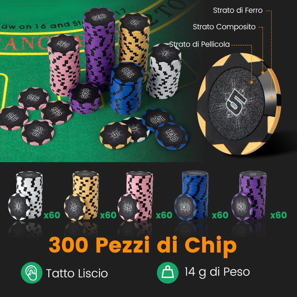 Set di Fiches da Poker con 300/600 Fiches, 2/6 Mazzi di Carte 5 Dadi Mescolatore Automatico di Carte e Tappeto, Scatola Portatile, Poker Chips per Party Viaggi e Feste (300 PCS)