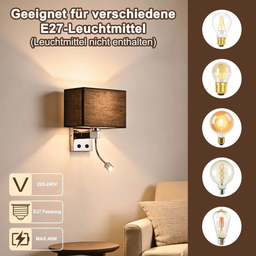 ZMH Lampada da Parete per Camera da Letto Nera Orientabile con Paralume Tessuto LED E27 Interruttore per Corridoio Letto