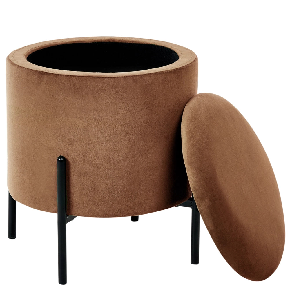 Pouf contenitore con seduta in tessuto velluto e base in legno poggiapiedi rotondo tavolino occasionale marrone