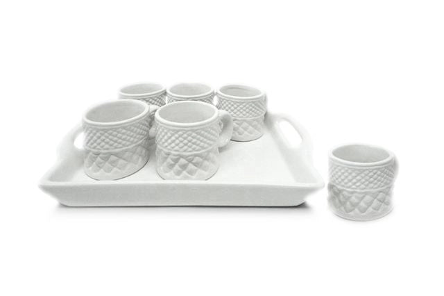 Set 6 Tazzine Tazze Caffe' Bianche con Vassoio in Ceramica