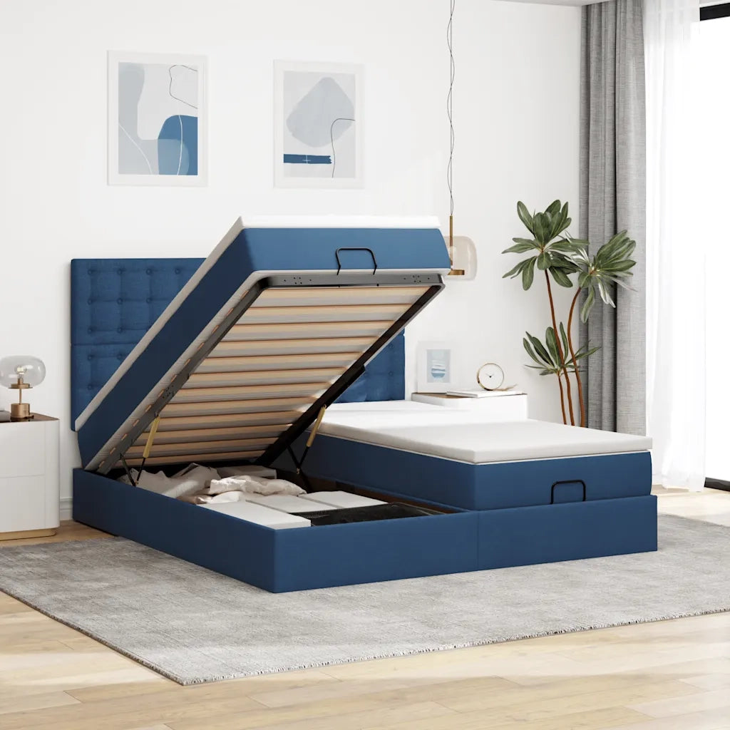 Struttura Letto Pouf con Materassi Blu 160x200 cm in Tessuto 3314582