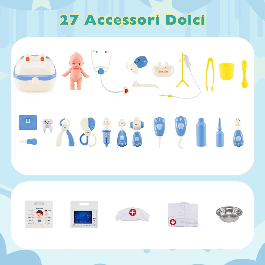 Kit Dottoressa Bambini a Tre Facce, Centro Medico Giocattolo in Legno con Monitor ECG, Rubinetto e 27 Accessori, Luci e Suoni, Regalo Bambini 3-6 Anni, 93 x 54,5 x 98,5 cm