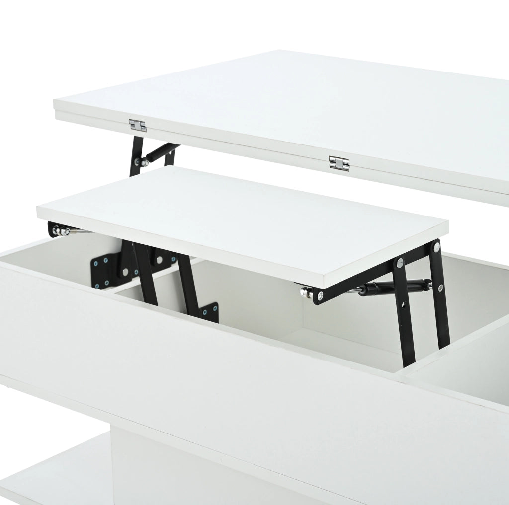 Tavolino da caffè bianco sollevabile 100×50 cm con LED, prese, USB-C e vano contenitore