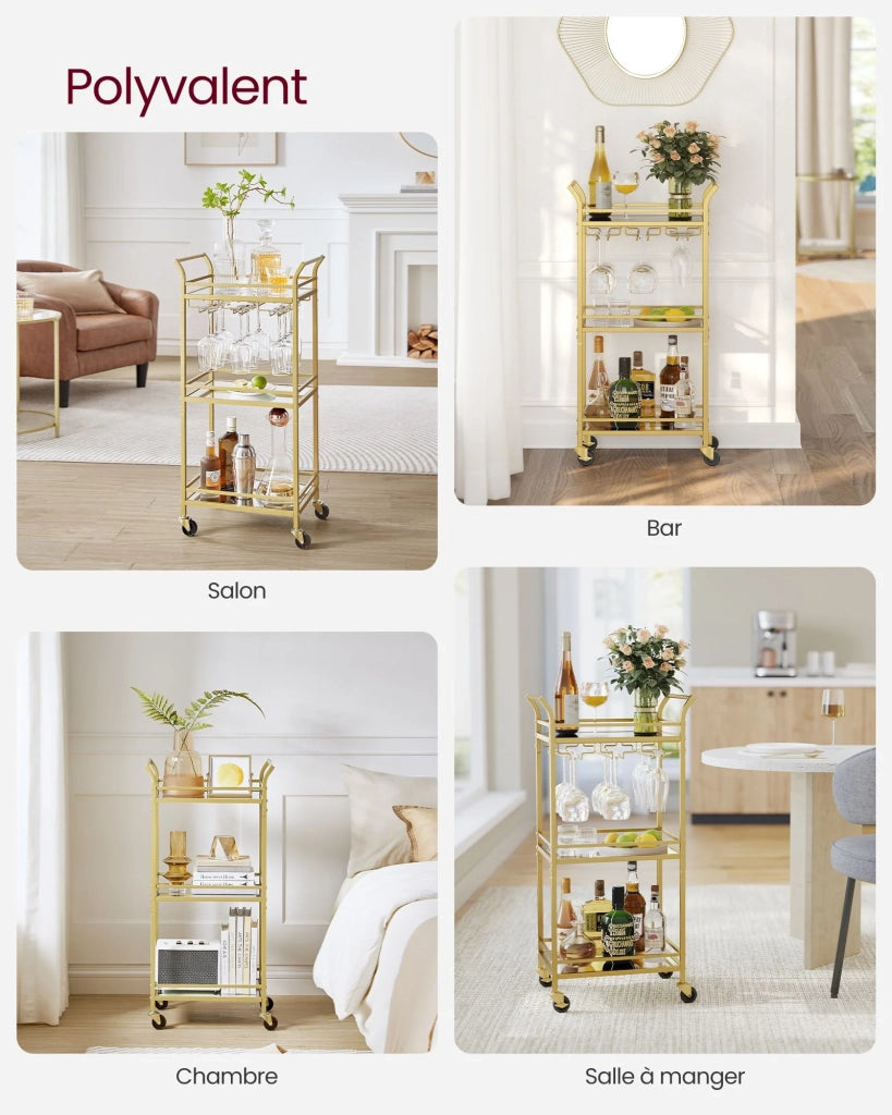 Carrello da cucina a 3 ripiani con ruote 30 x 468 x 92 cm maniglia in vetro riflettente carrello di servizio per piccoli spazi cucina sala da pranzo bagno soggiorno oro 2_0004991