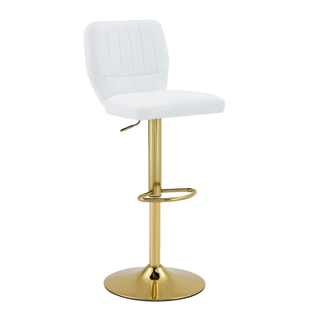 Sgabello Bar Regolabile in Altezza 62-83 cm con Schienale e Poggiapiedi, Seduta in Ecopelle Bianco con Struttura Metallica Dorata