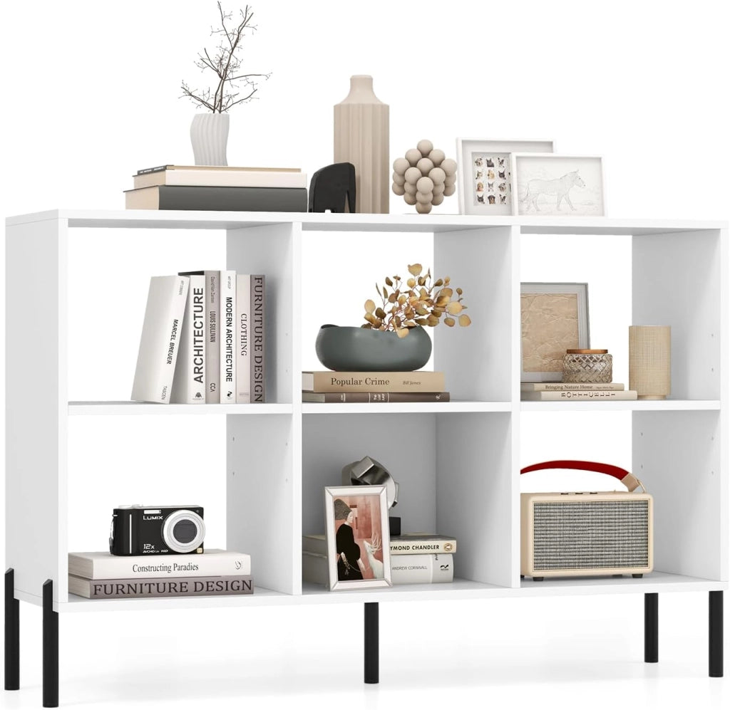 Libreria a 6 cubi, libreria a 3 ripiani in legno lunga 119,4 cm con 5 gambe in metallo, ripiano regolabile, dispositivo anti-ribaltamento, scaffale aperto da pavimento alto 80 cm, mensole