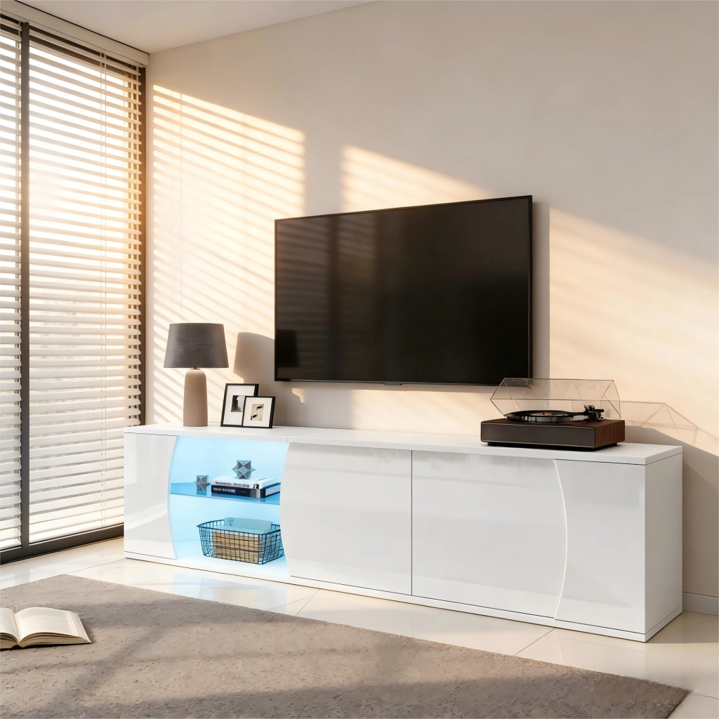 Mobile TV con 3 ante; ripiani e illuminazione LED - per soggiorno - 180 x 40 x 45 cm - bianco