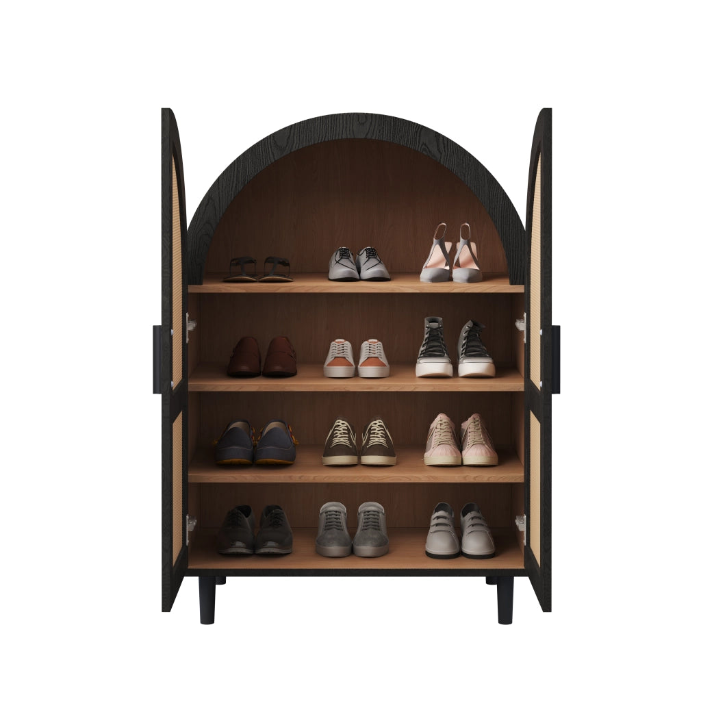 OKWISH Scarpiera con 2 Ante e 3 Ripiani Regolabili, Ante in Rattan, MDF, Naturale e Nero, 70 x 40 x 100 cm