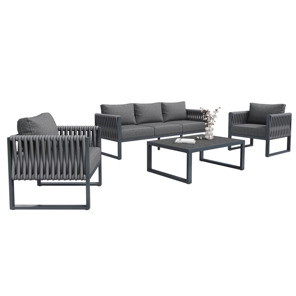 Set da giardino 5 posti - Zephmum - Piedi regolabili, cuscini, struttura in metallo inossidabile, Grigio