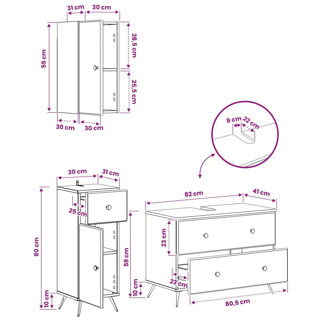 Set di armadietti da bagno in 3 pezzi BREDA Sonoma grigio 3417807