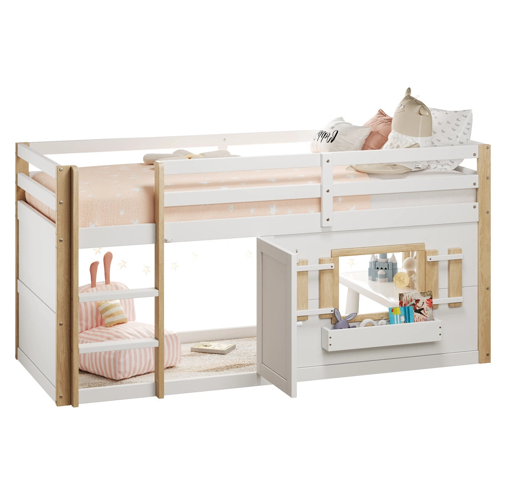 Letto a castello con area gioco inferiore; 90x200 cm; in legno massello e MDF; bianco