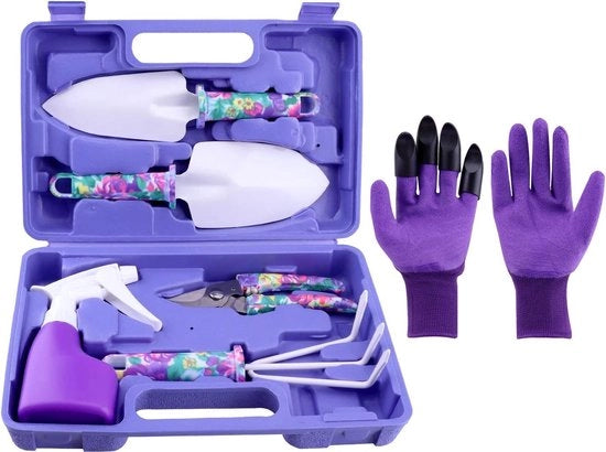 Set di attrezzi da giardino 6 pezzi, set di attrezzi da giardino con impugnatura ergonomico e disegno di fiori viola, set di attrezzi per piante per appassionati di giardinaggio all'aperto