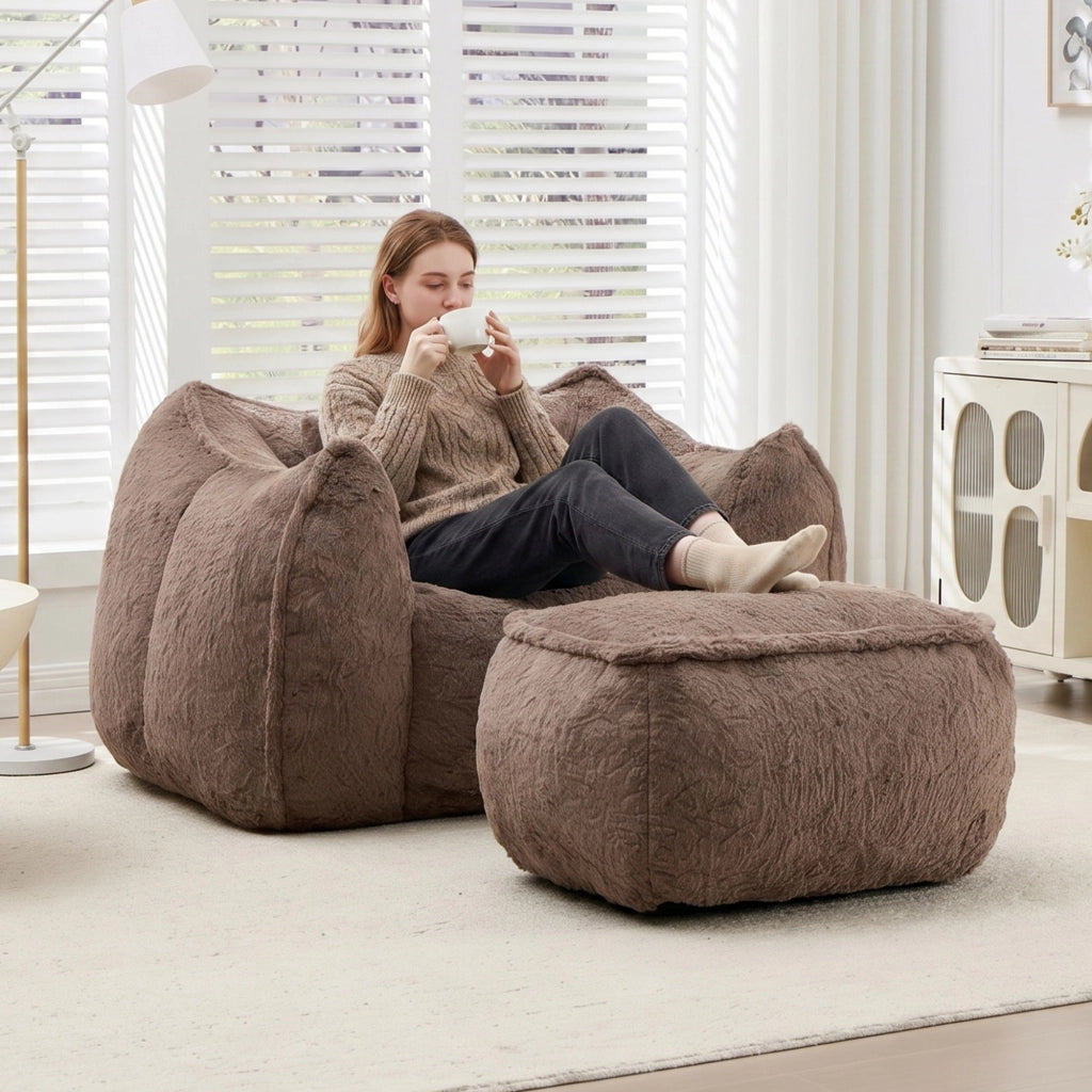 Poltrona pouf ergonomica senza montaggio con poggiapiedi e imbottitura in schiuma in faux fur kaki per relax