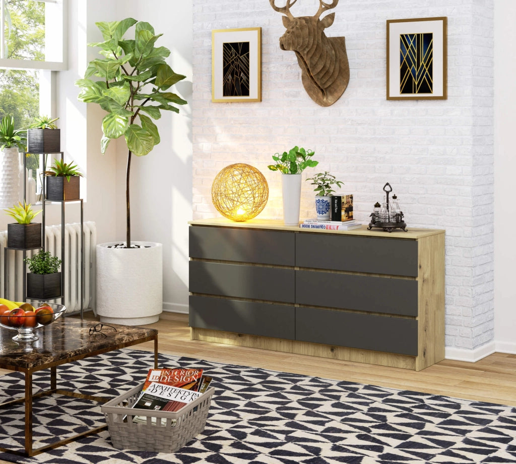 Cassettiera AKORD K160 Quercia Artisan 160 cm 6 cassetti inserto frontale Grigio Grafite 160x40x77 cm