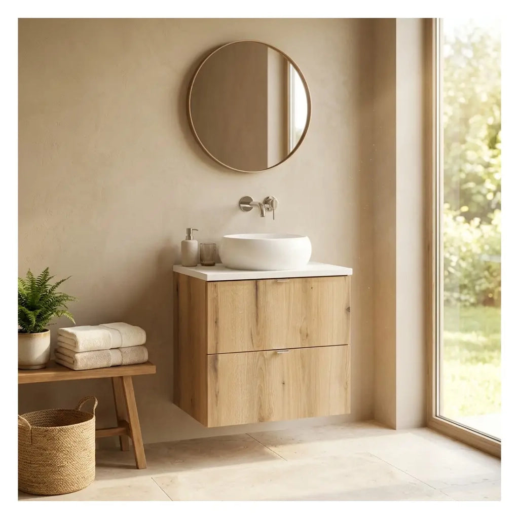Set da bagno sospeso VANO effetto quercia e bianco 60cm: mobile sotto lavabo con cassetti + piano per lavabo