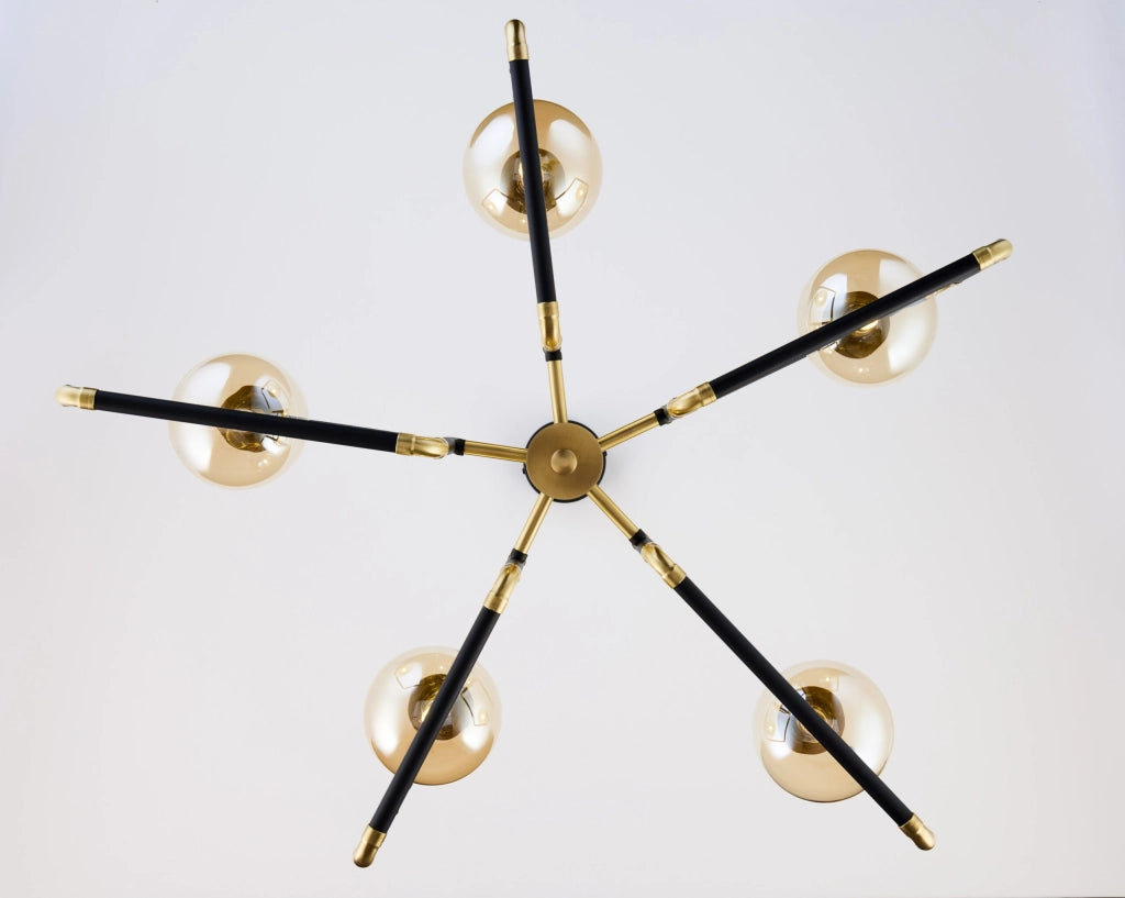 Lampadario moderno nero oro vetro ambra 5xG9 Jupiter
