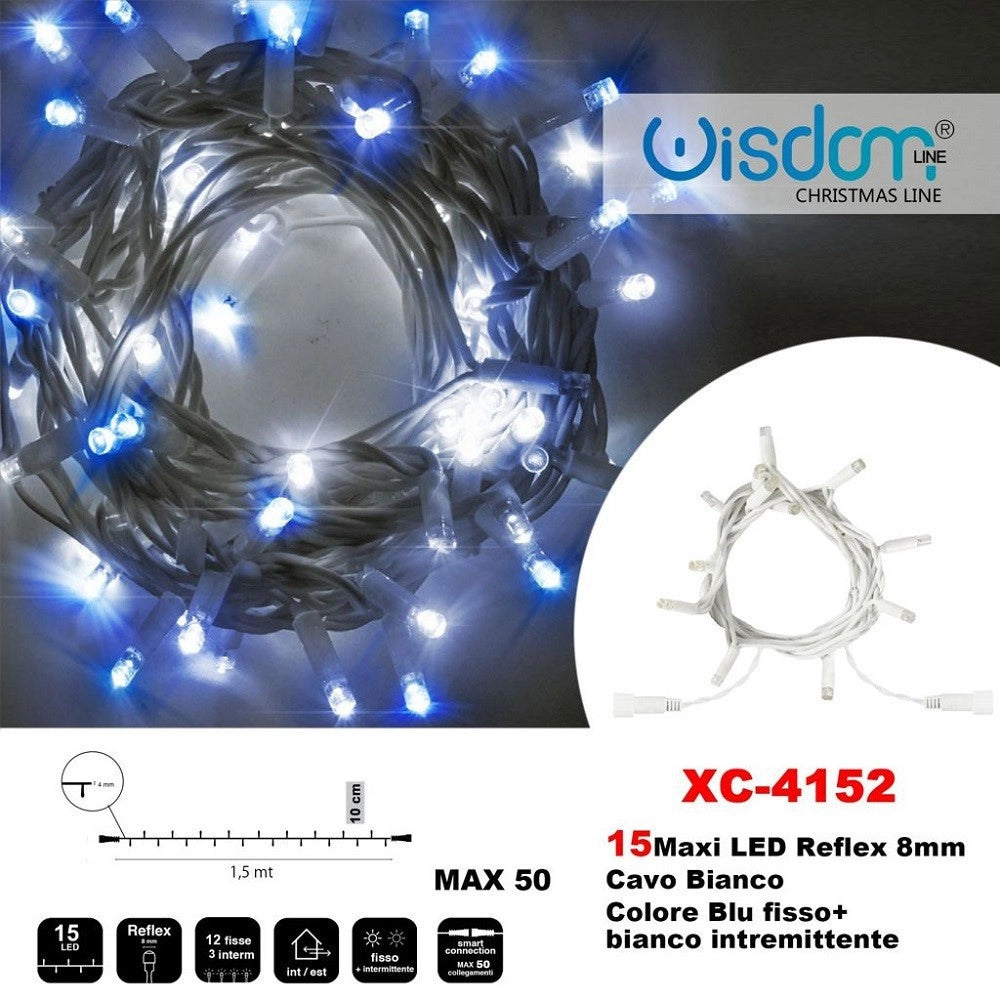 Trade Shop - Catena Luminosa 15 Luci Led Lucciole Blu Fisso + Bianco Intermittente Xc-4152 -