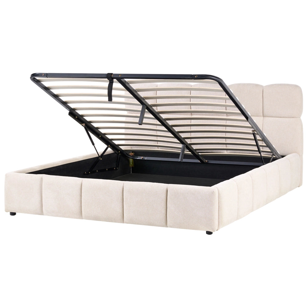 Letto matrimoniale imbottito con struttura a molle a sollevamento trapuntata 180 x 200 beige chiaro con contenitore a molle sollevabile