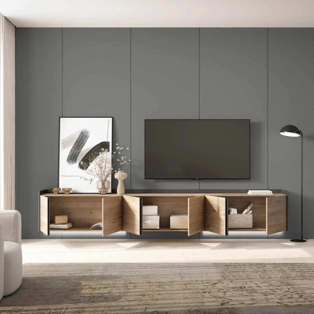 Mobile TV Soggiorno, 309x50x35 cm, Per TV fino a 80", Sospeso, da appendere, LED, Rovere e nero
