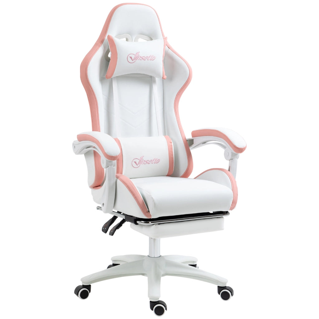 Sedia da Gaming con Altezza Regolabile e Schienale Reclinabile 135°, 65x65x121-129 cm, Bianco e Rosa