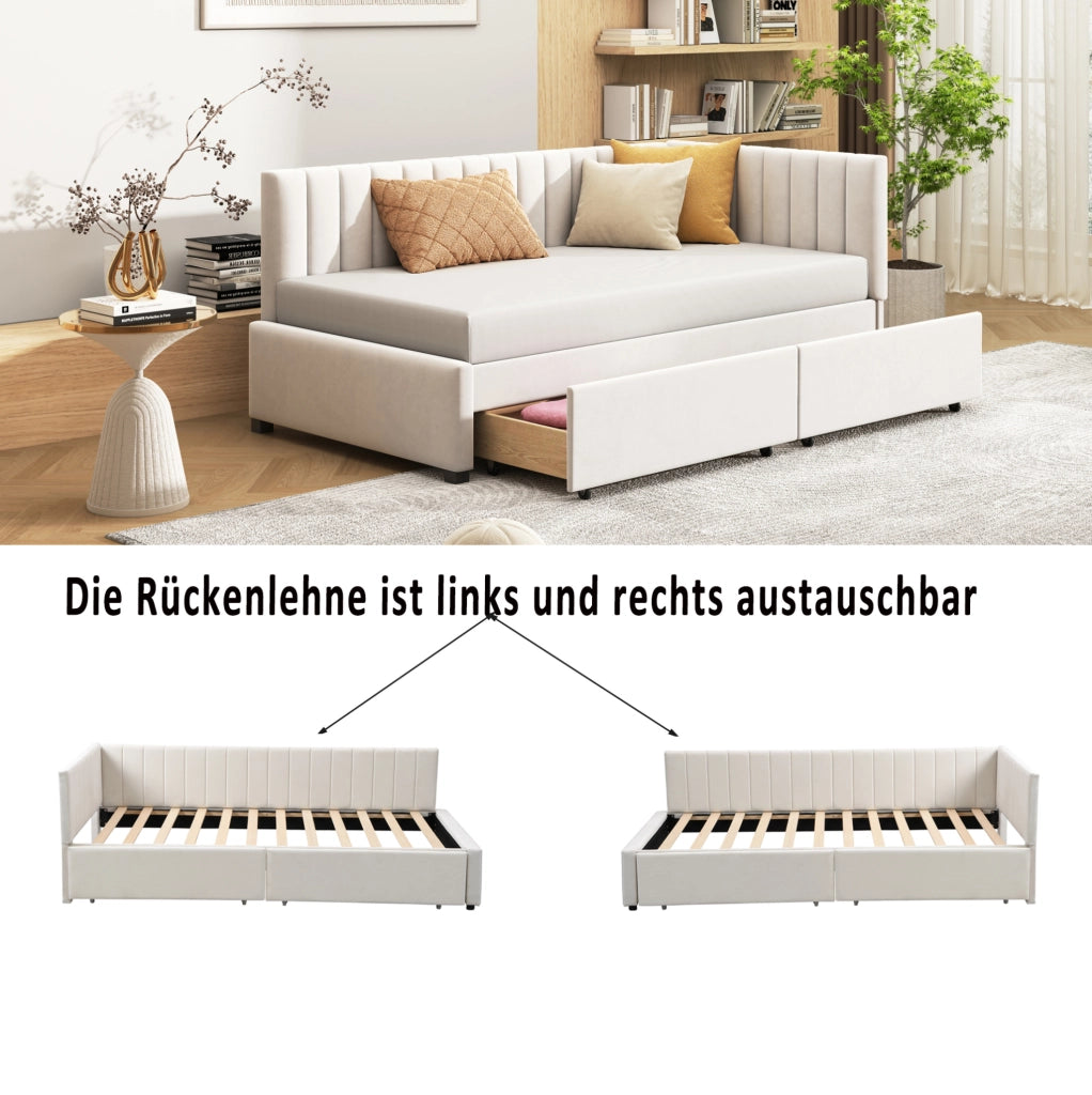Letto da giorno imbottito 90x200 cm con 2 cassetti e rete a doghe; velluto beige