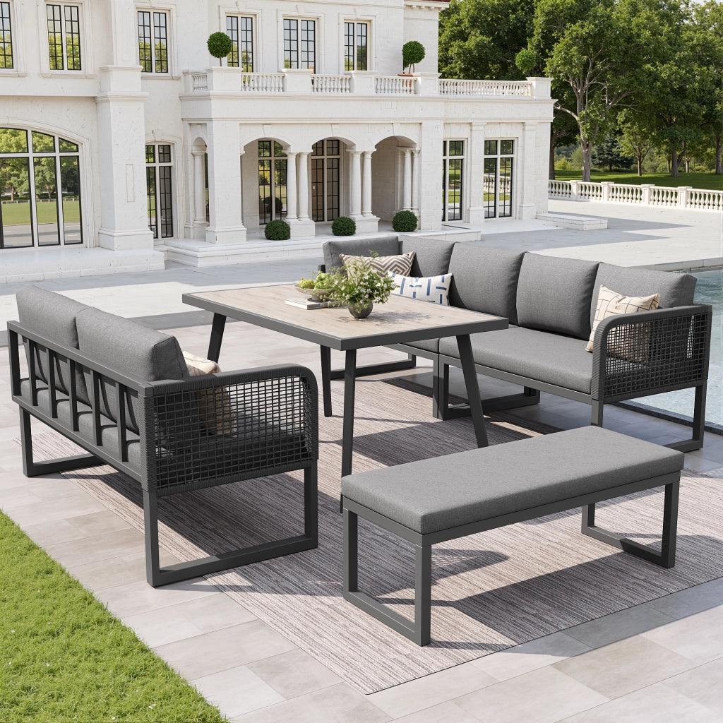 Mobili da Giardino con 3 Divani 2 Posti; 1 Panca e 1 Tavolo; Rattan PE; Grigio