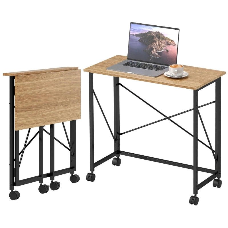 Scrivania pieghevole salvaspazio con 4 ruote bloccabili, per ufficio domestico, in legno, rovere, 80 × 40 × 75 cm