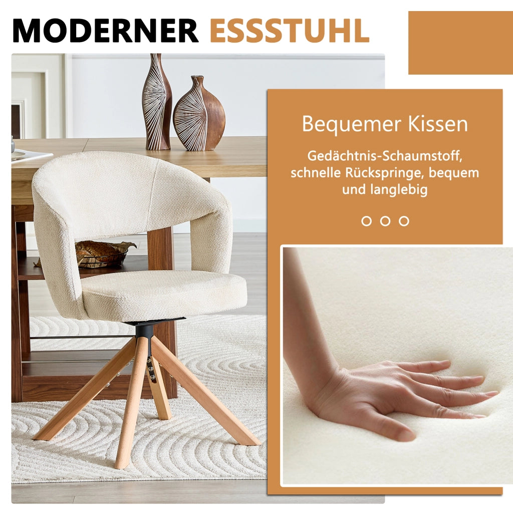 Sedia da Pranzo Set da 2 Girevole con Schienale Ergonomico e Rotazione Silenziosa, in Tessuto e Legno Massello Bianco, Legno