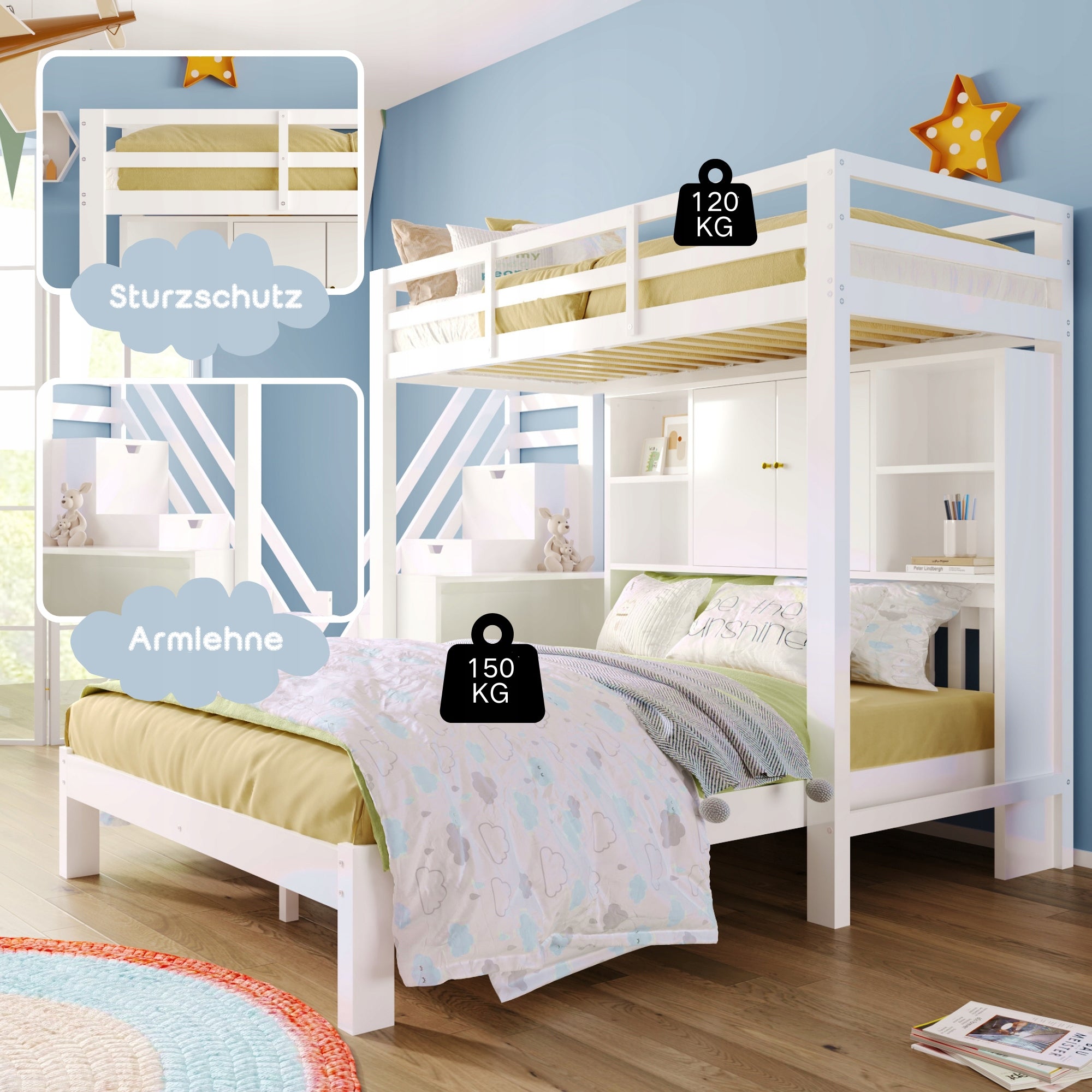 Letto a castello 90x200+140x200 - Xylo - Bianco con scaffale e ripostiglio