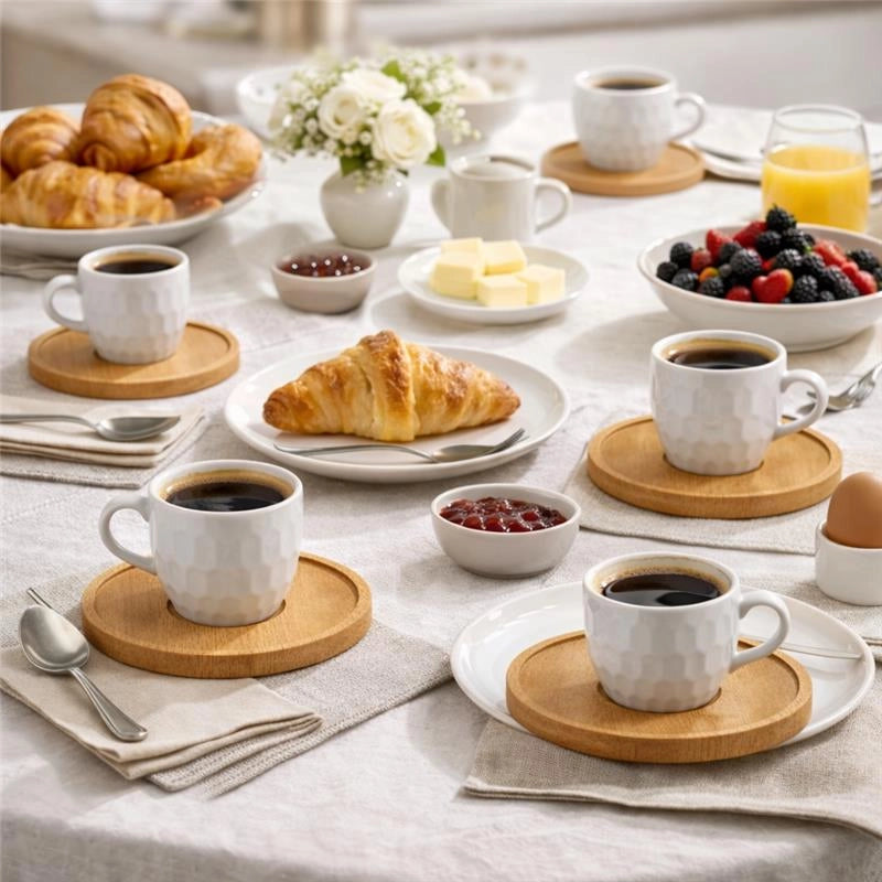 SET 6 TAZZINE DA CAFFÈ CON PIATTINO IN LEGNO