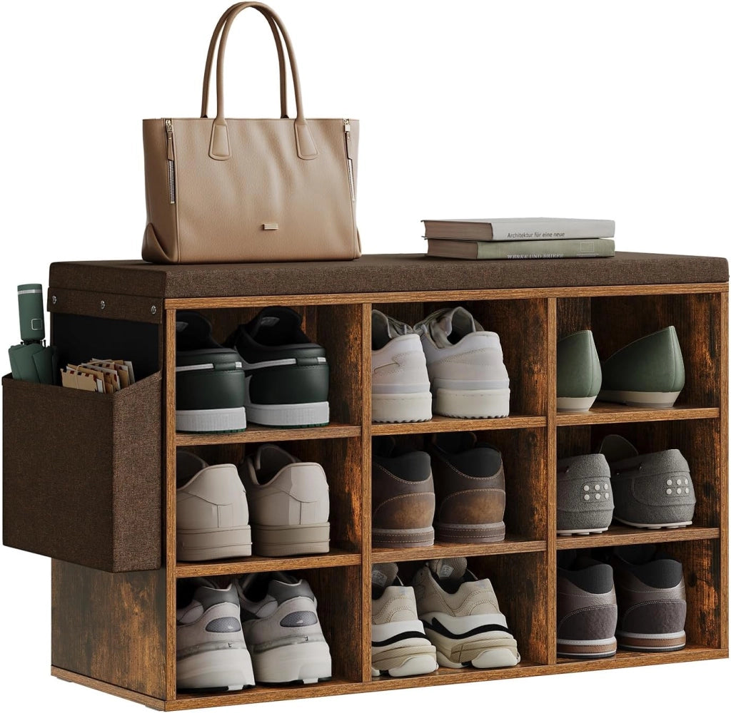 WOLTU Panca Scarpiera da Ingresso, Scaffale Porta Scarpe a 9 Scomparti con Seduta Imbottita, Mobile da Ingresso Salvaspazio in Legno, Marrone Rustico+Marrone, 76,8x30x48,5 cm