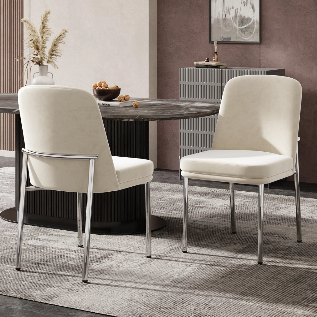 Set di 2 sedie da pranzo in velluto beige con struttura metallica cromata e seduta imbottita