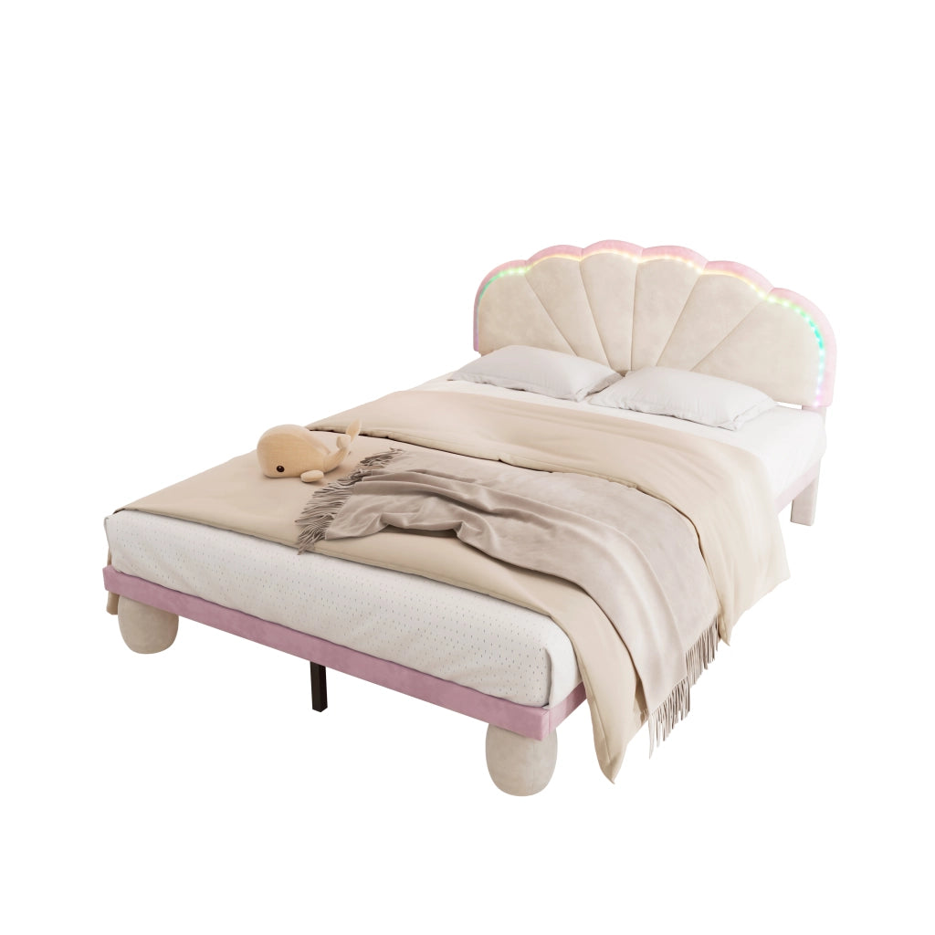 OKWISH Letto Imbottito 140×200 cm, Letto Matrimoniale con Striscia Luminosa Multicolore e Testiera Ondulata, senza Materasso, in Velluto, Beige