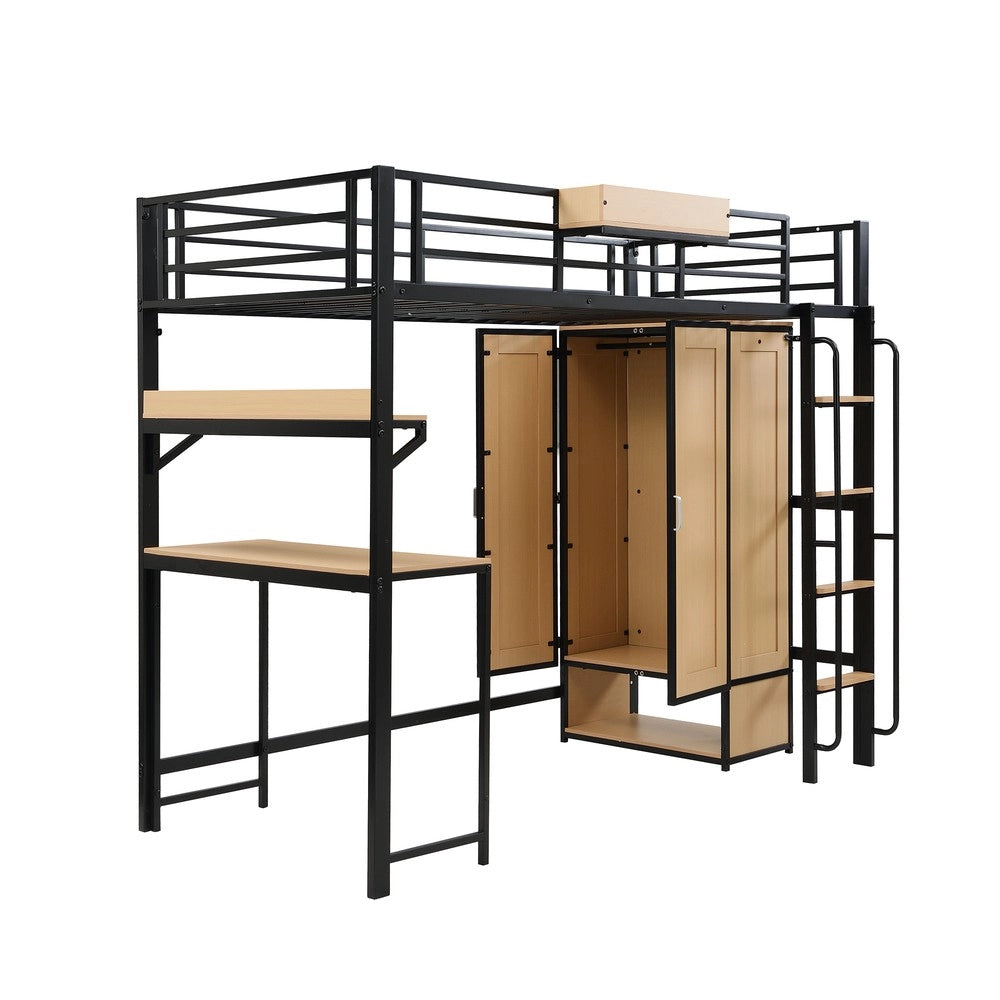 Letto a Soppalco con Scrivania, Armadio e Scaffale ¨C Xylo ¨C Metallo e MDF, Nero, 90x200