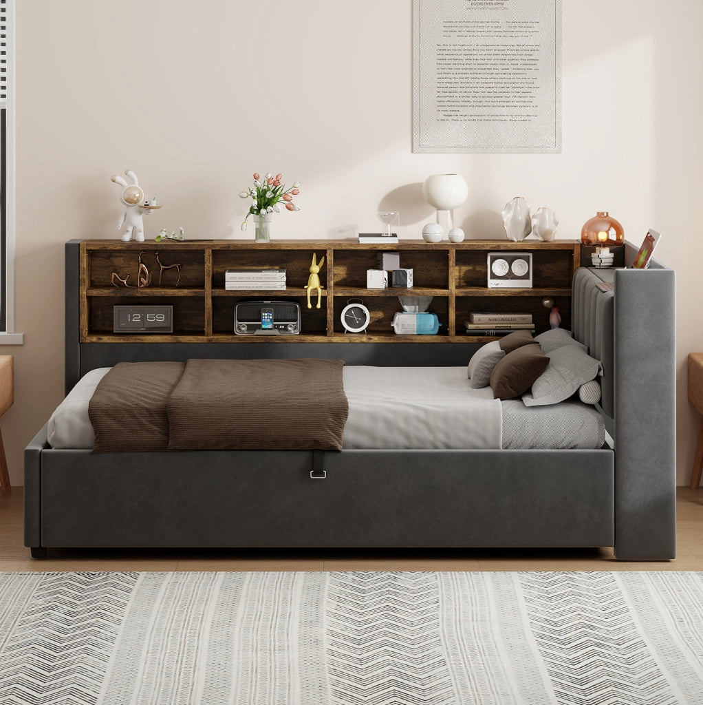 Letto imbottito 90x200 cm grigio in velluto con contenitore idraulico; luci e prese USB/Type-C