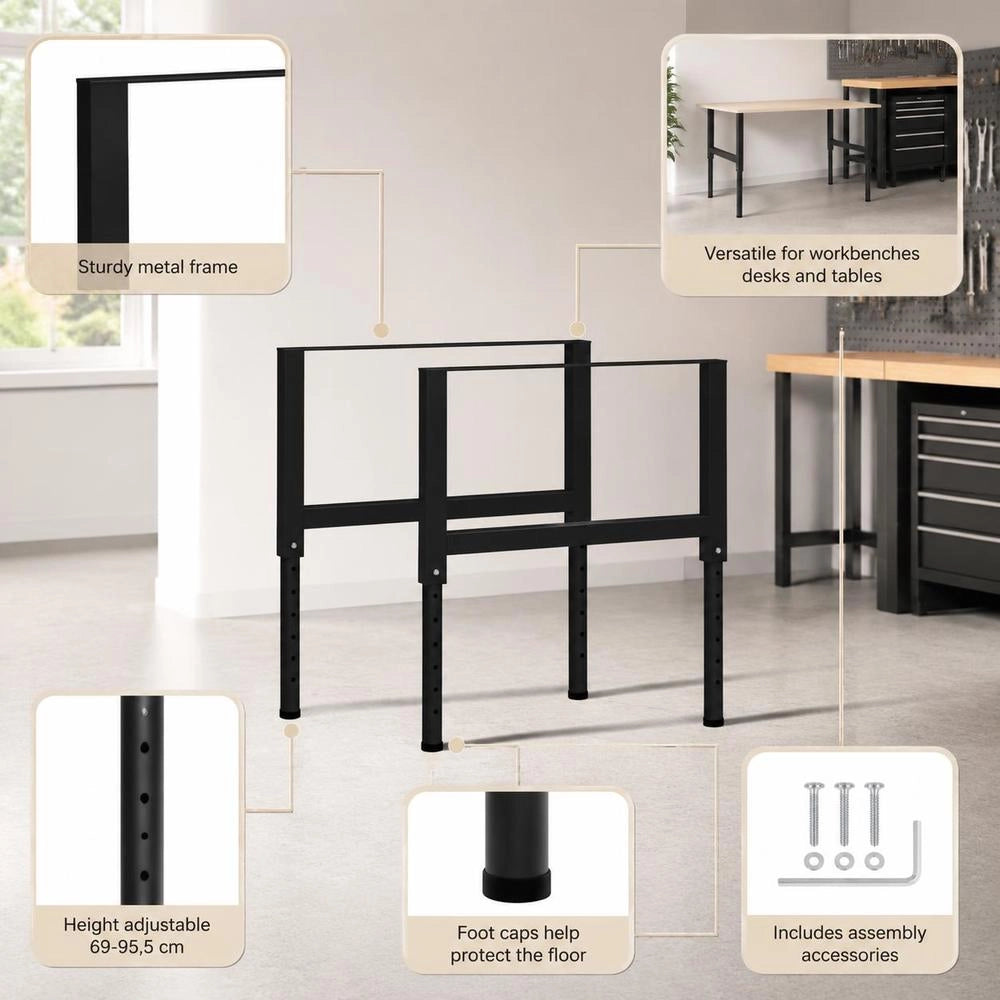 Adjustable Workbench Frame Set, Powder Coated Metal Table Legs, Height Adjustable 69 To 95.5 Cm, For DIY Workspace, 2 Pack, Black