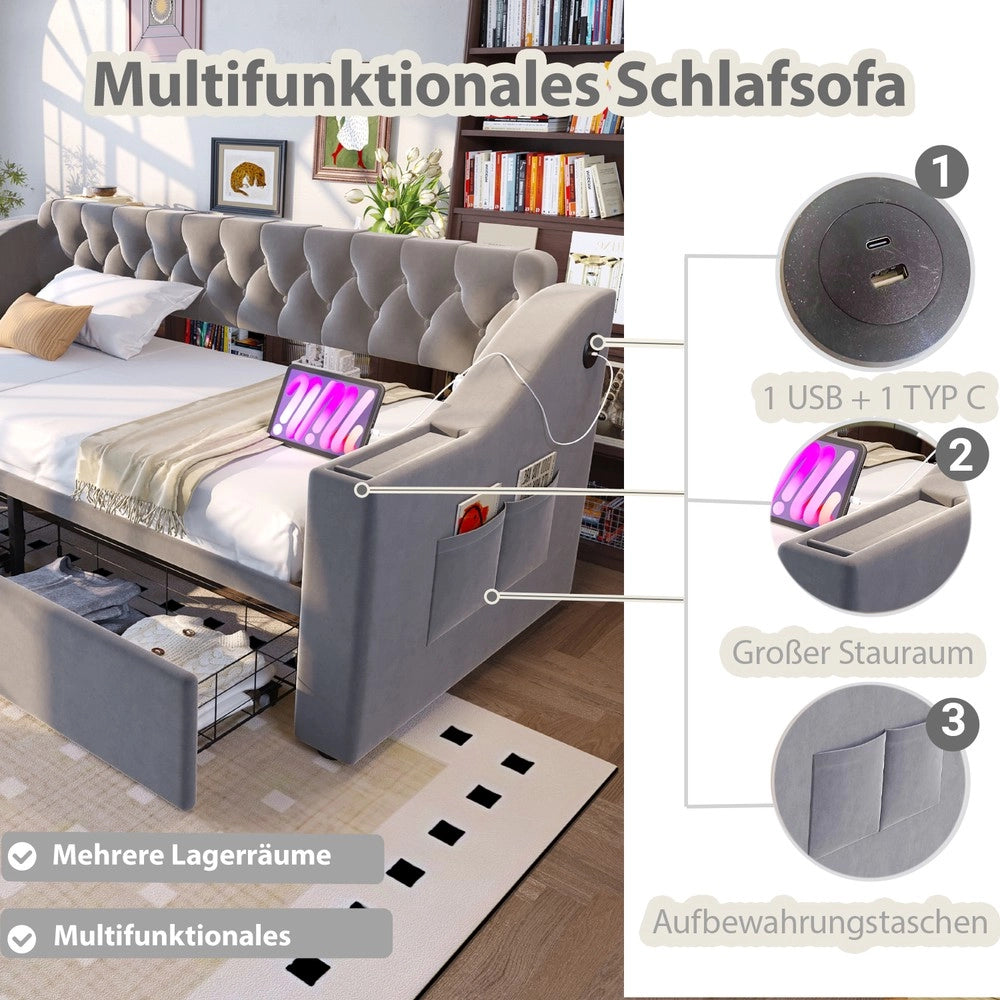 Letto Imbottito Singolo con Cassetto e USB ¨C MINIMAL ¨C Velluto Grigio Chiaro 90x190