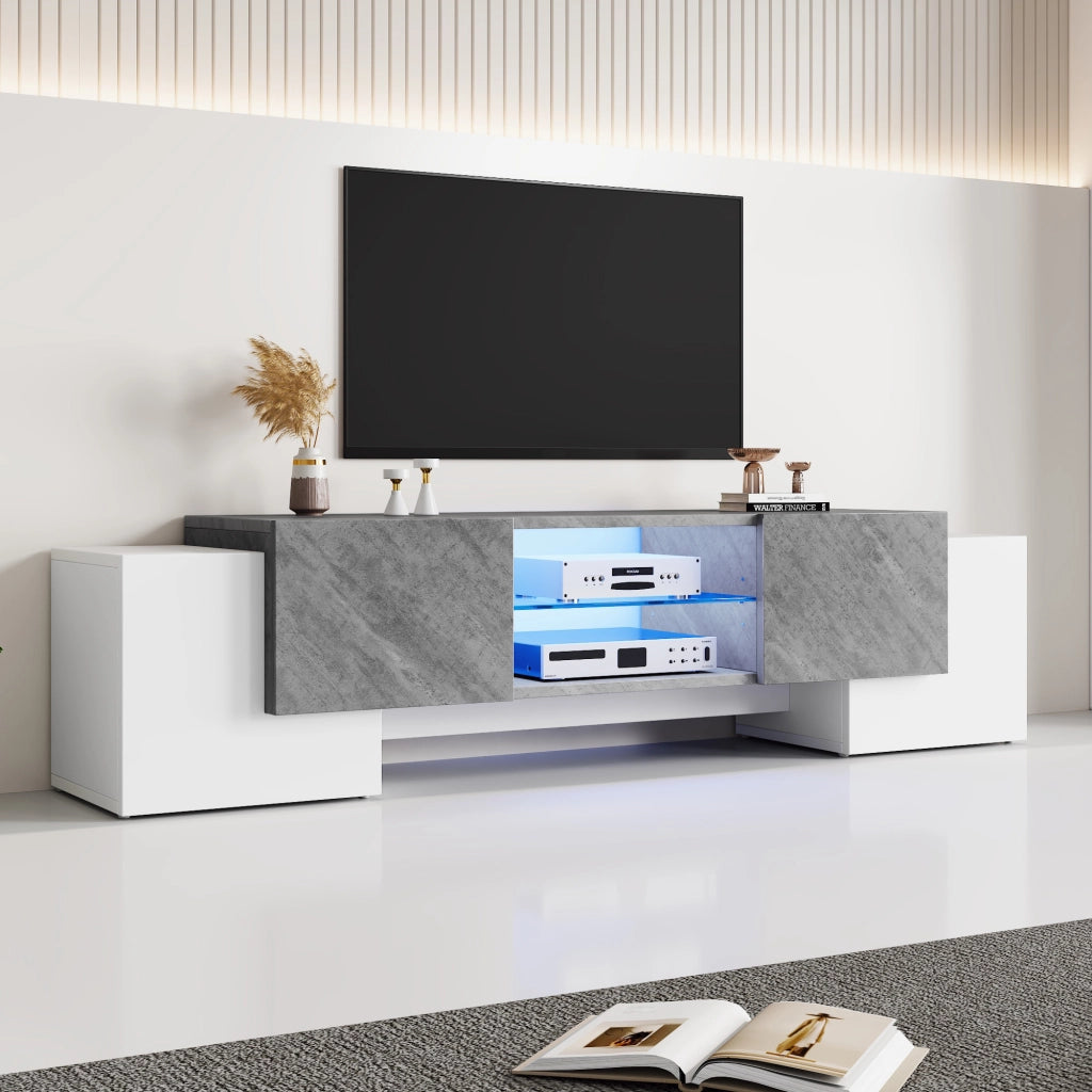 Mobile porta TV con LED, 4 ante, 3 vani e ripiani in vetro, per soggiorno, in MDF, bianco e grigio, 180 × 40 × 46,5 cm