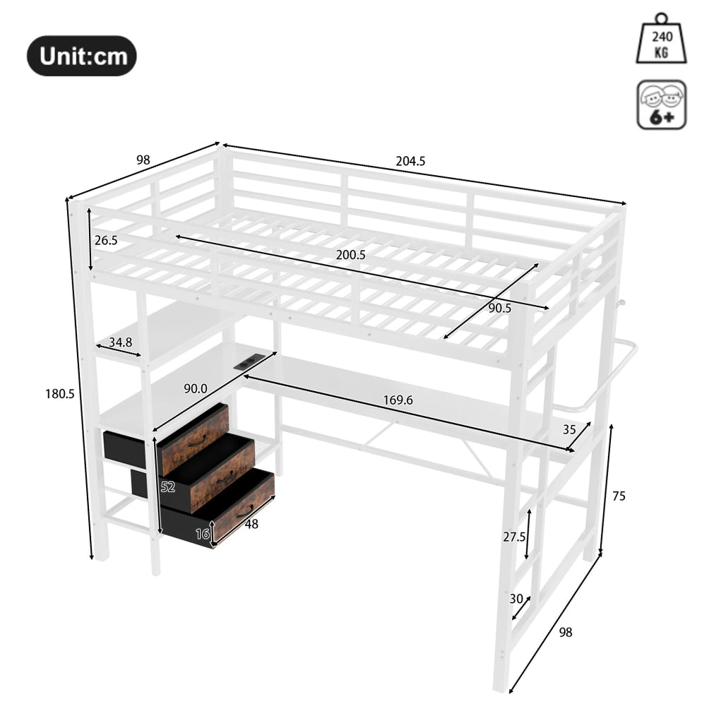 Letto a soppalco 90x200 cm con scrivania; LED; USB; 3 cassetti e ripiani in metallo; bianco
