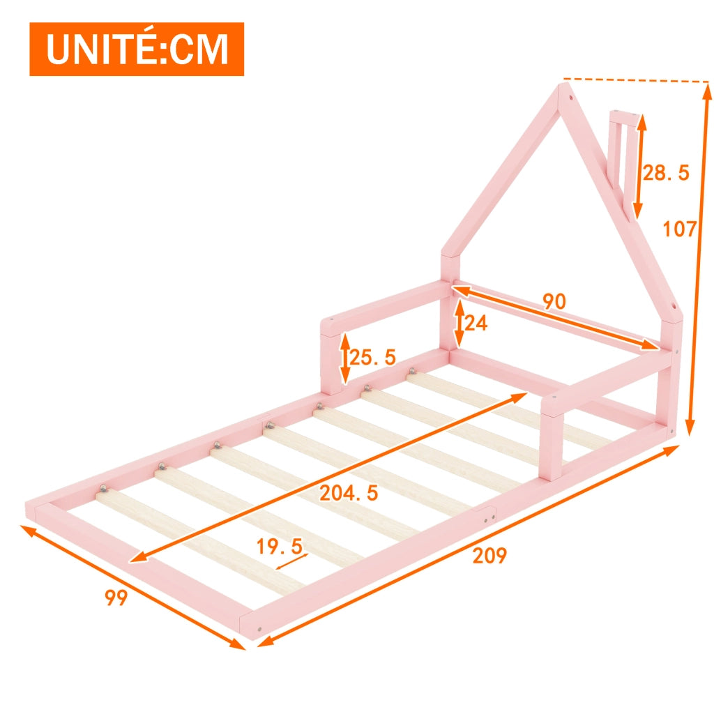 Letto casetta bambino 90×200 cm con 7 doghe; senza materasso; in pino e MDF; rosa