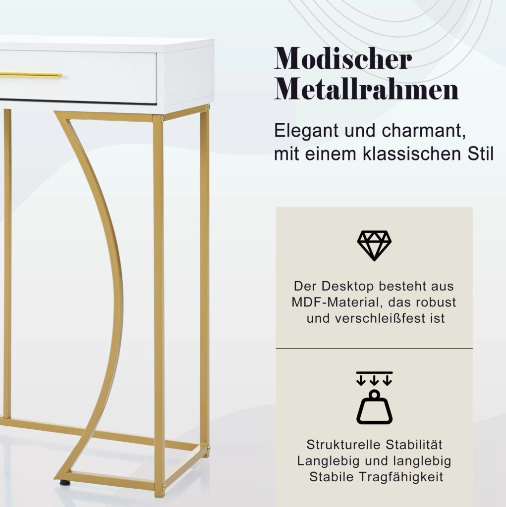 Tavolo consolle bianco e oro con 2 cassetti, metallo e piano in MDF, 110x32x85 cm