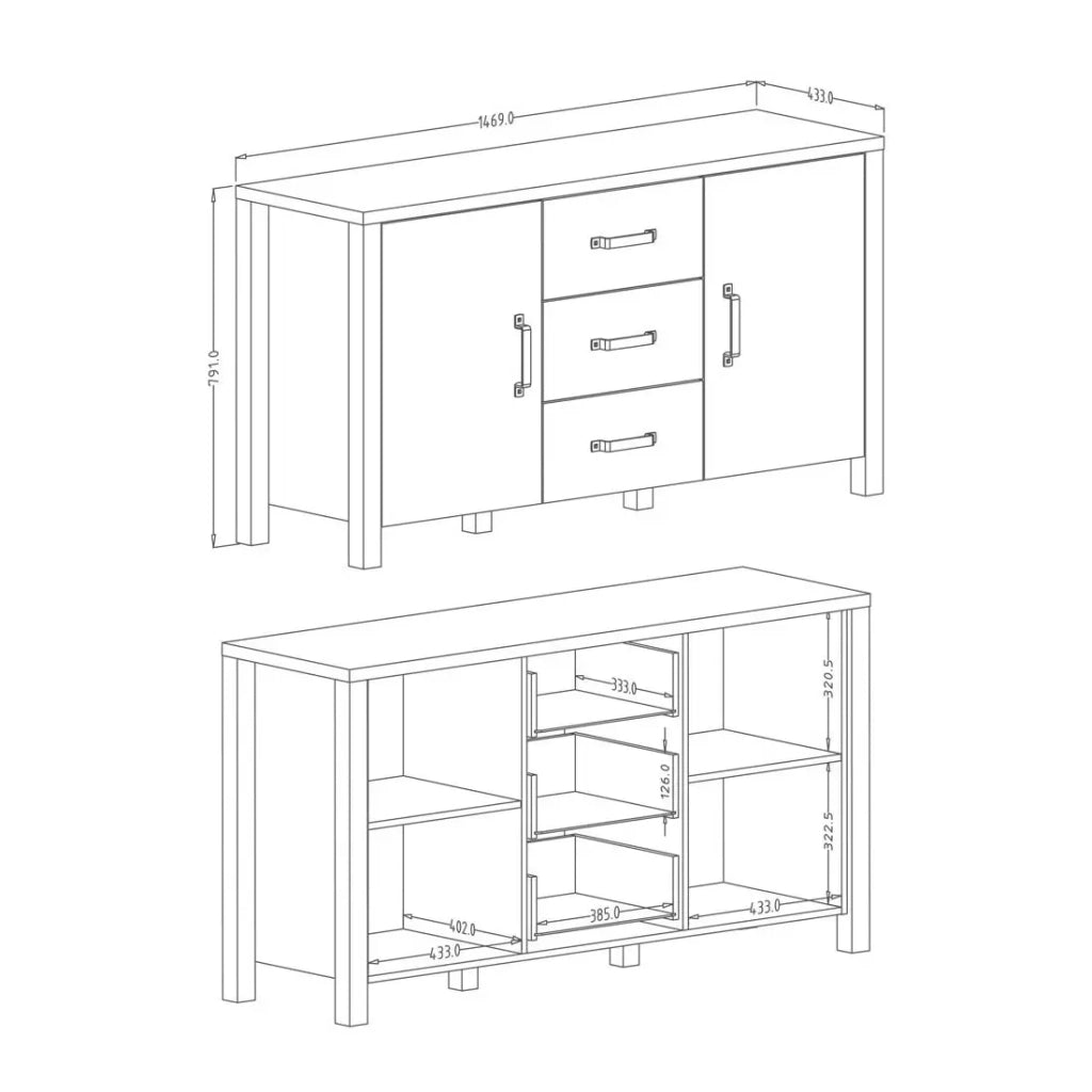 Credenza 150cm collezione DARWIN. Colore abete e nero. 2 porte e 3 cassetti.