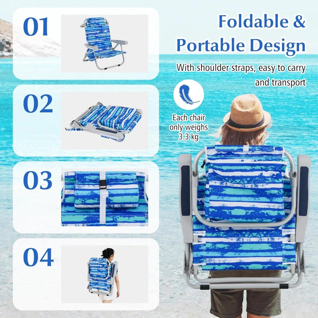 Sedia da Spiaggia Pieghevole, Spiaggina con Schienale Regolabile in 5 Posizioni, Sdraio Mare con Poggiatesta, Lettino Prendisole con Tasca Laterale, Carico 150 kg (Strisce Blu*1)