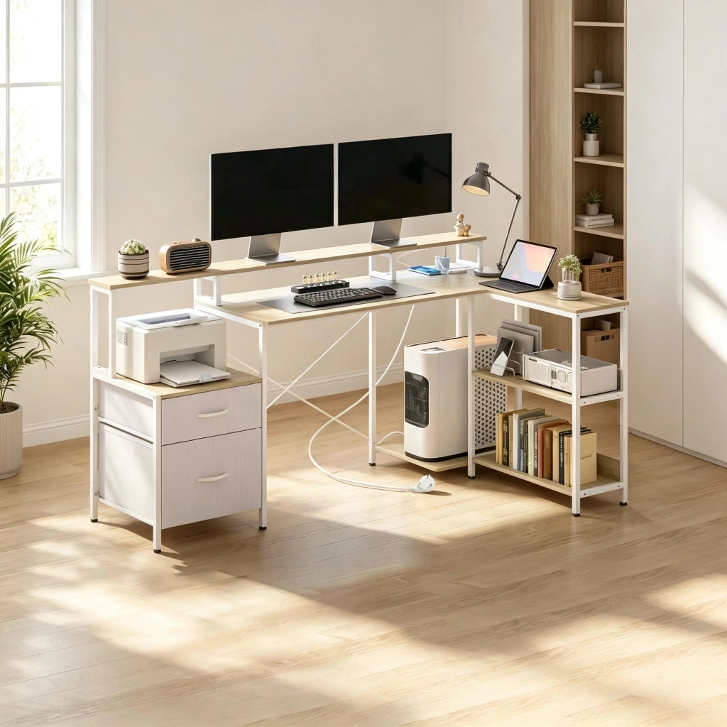 SCRIVANIA Angolare 172x100 cm con LED RGB e 2 Cassetti Bianco