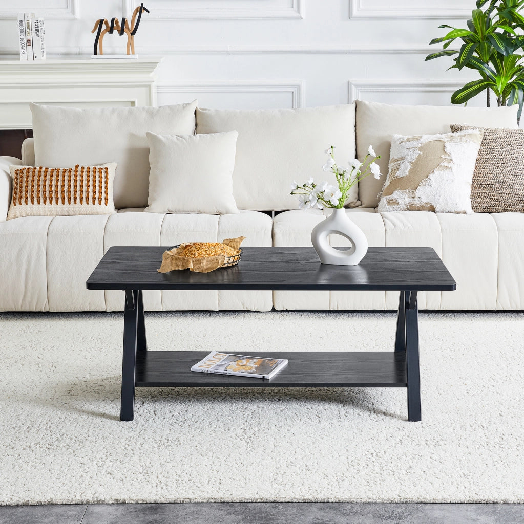 Tavolino da caffè 110x57x44.5 cm con doppio spazio contenitivo in MDF e metallo nero