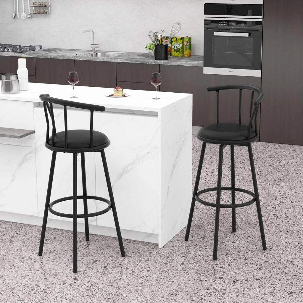 Set di 2 Sgabelli da Bar con Schienale e Poggiapiedi,Sgabelli Cucina, Bar,Soggiorno,Rotondi, 55 X56x101,5 cm, Nero Pelle (con poggiapiedi e schienale)