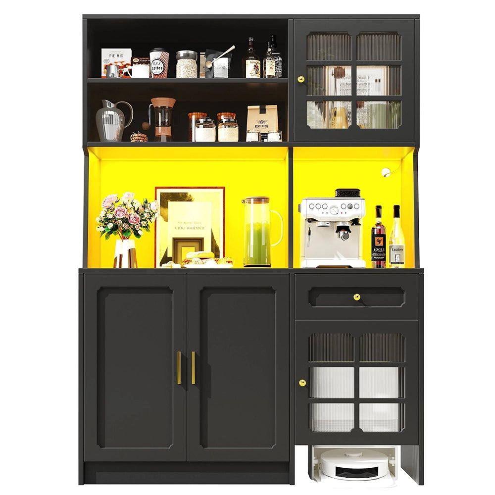 Credenza Cucina Alta 130x45x180cm - Xylo - con Ante Vetrate e Luci LED, Nero