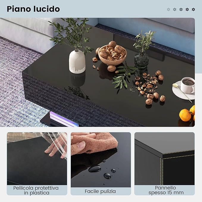 Tavolino da Caffè Moderno, Tavolino a 2 Piani con 20 Luci LED a Colori, 2 Cassetti Portaoggetti e Finitura Lucida, Tavolino Rettangolare per Salotto, Studio e Camera da Letto (Nero)