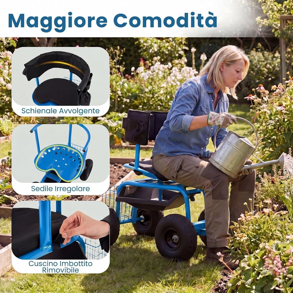 Carrello da Giardino, Sgabello con Ruote Girevole a 360°, Cuscino Imbottito, Schienale, Cestino, Tasca e Vassoio Porta Attrezzi, Carriola da Giardino e Cortile, 96 x 46 x 78-87 cm (Blu)